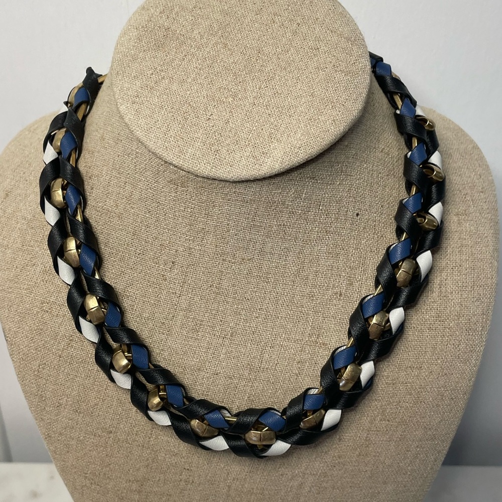Stella & Dot Gold Statement Necklace with Coloured Leather Detail- EUC